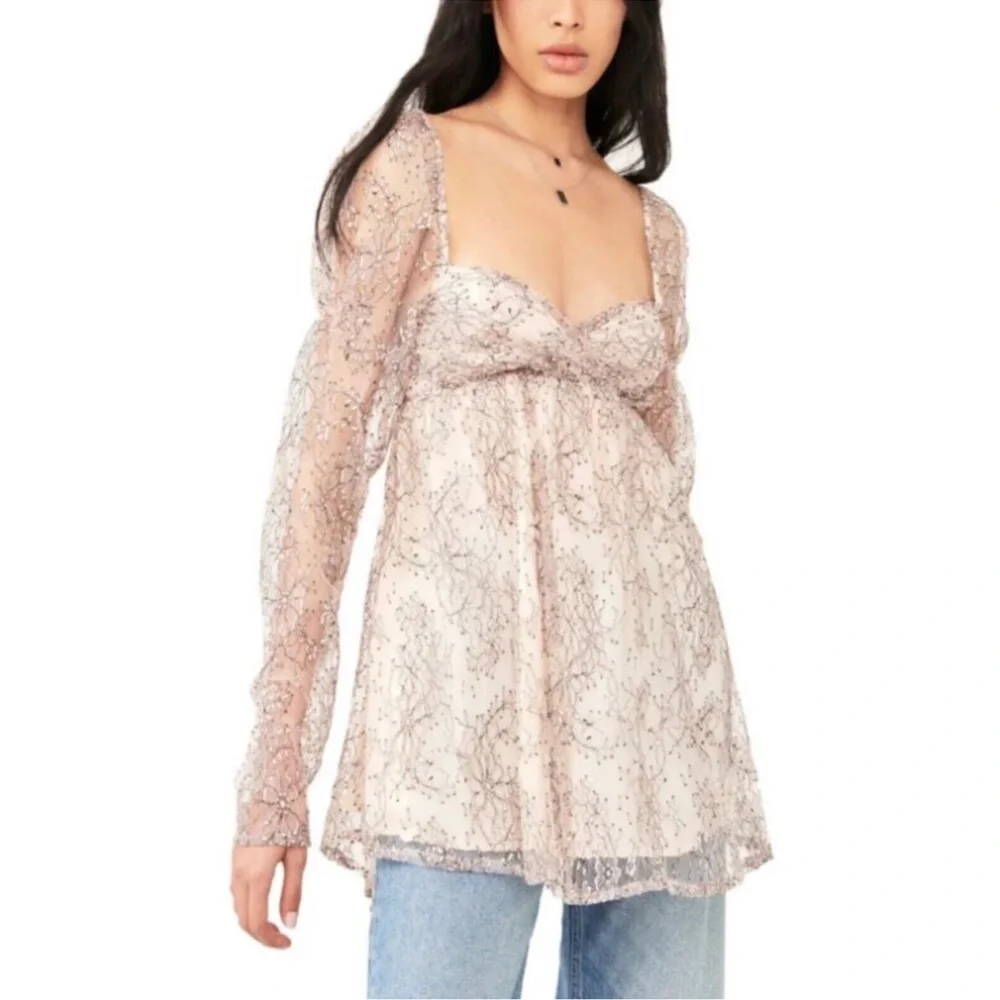 NEW Free People Heavenly Lace Tunic Top Champagne Toast Size XS Romantic‎ Blouse